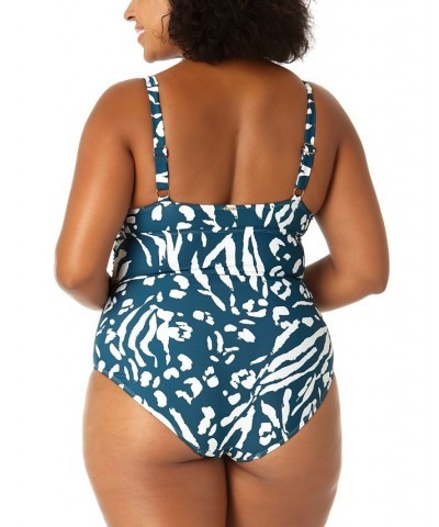 Plus Size Printed V-Wire One-Piece Swimsuit Blue/White Jungle Print $39.60 Swimsuits