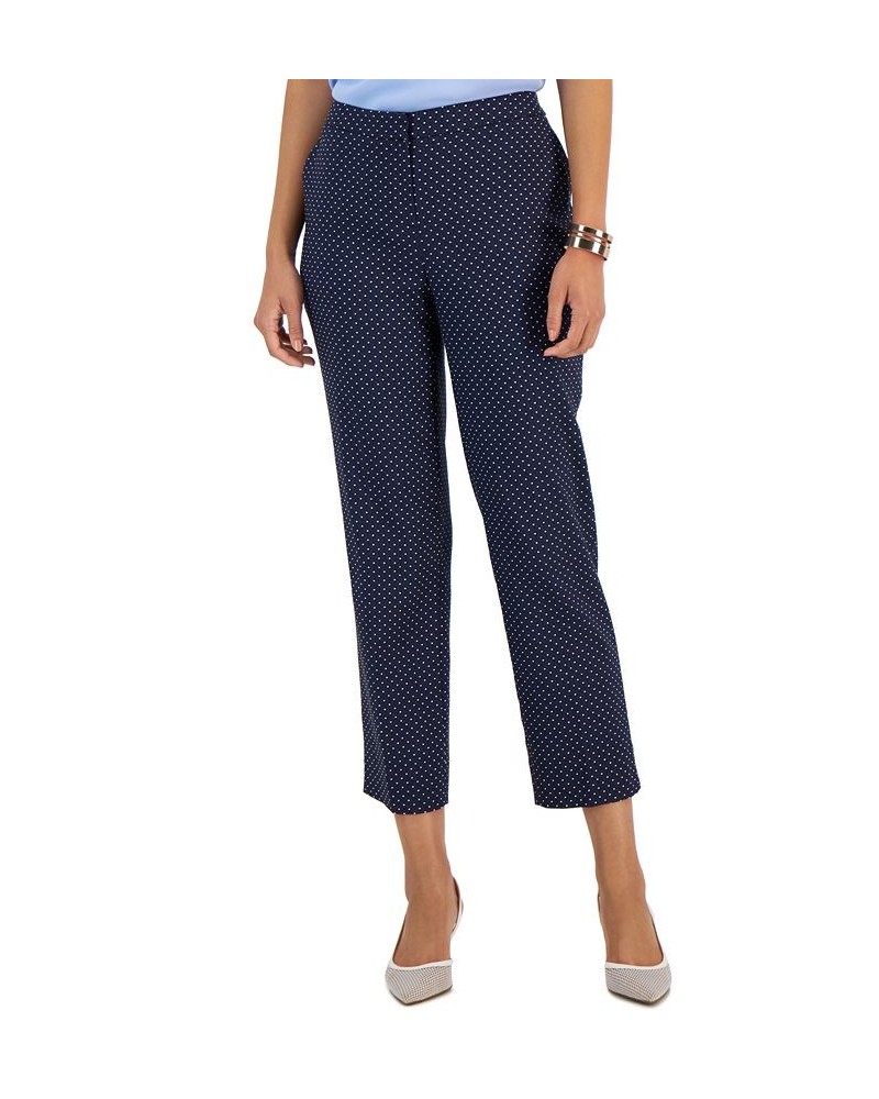 Women's Stretch-Jacquard Polka-Dot Straight-Leg Cropped Pants Kasper Navy Multi $29.69 Pants